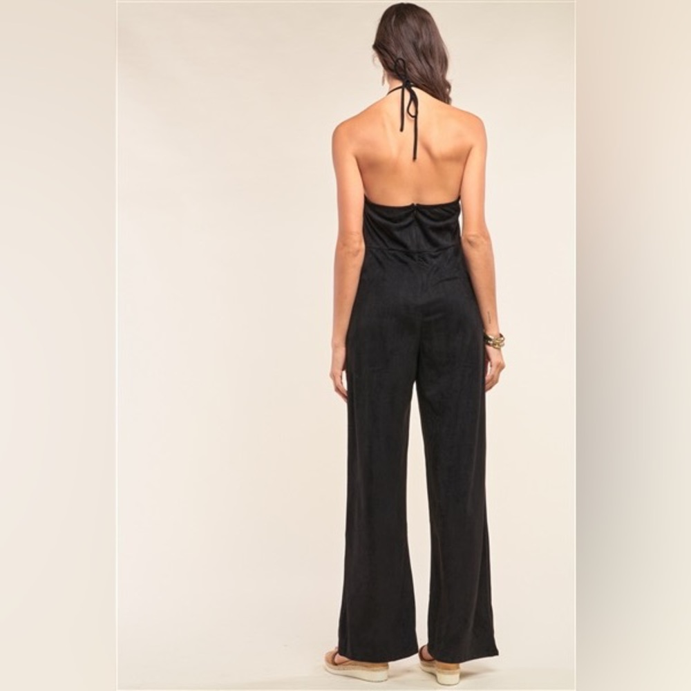 NWT Black Suede Eyelet Embroidered Trim Self-Tie Halter Neck Open Back Jumps… - Picture 2 of 6